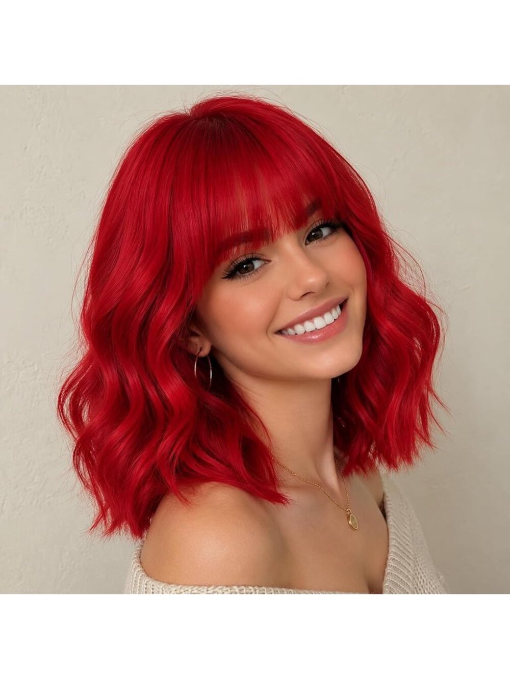 Women's Red Short Adjustable Wavy Bob Wig with Bangs Cosplay and Party